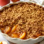 Peach Crisp with Oat Topping served warm with juicy peaches, golden oat crumble, melting vanilla ice cream, and Get The Recipe pin text.