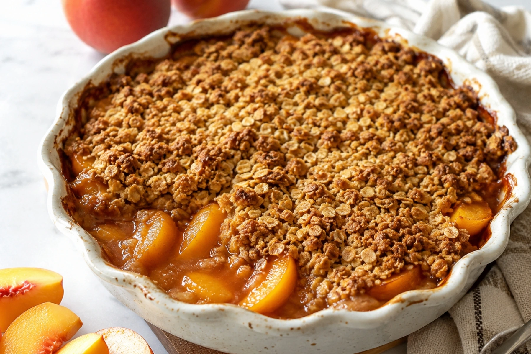 Peach Crisp with Oat Topping served warm with juicy peaches, golden oat crumble, melting vanilla ice cream, and Get The Recipe pin text.