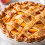 Homemade Peach Pie Recipe with golden lattice crust, juicy peach filling, and fresh peach slices on a marble countertop.