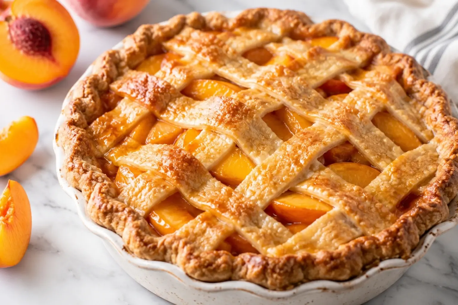 Homemade Peach Pie Recipe with golden lattice crust, juicy peach filling, and fresh peach slices on a marble countertop.