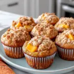 Peach Cobbler Muffins on a blue plate with crumb topping