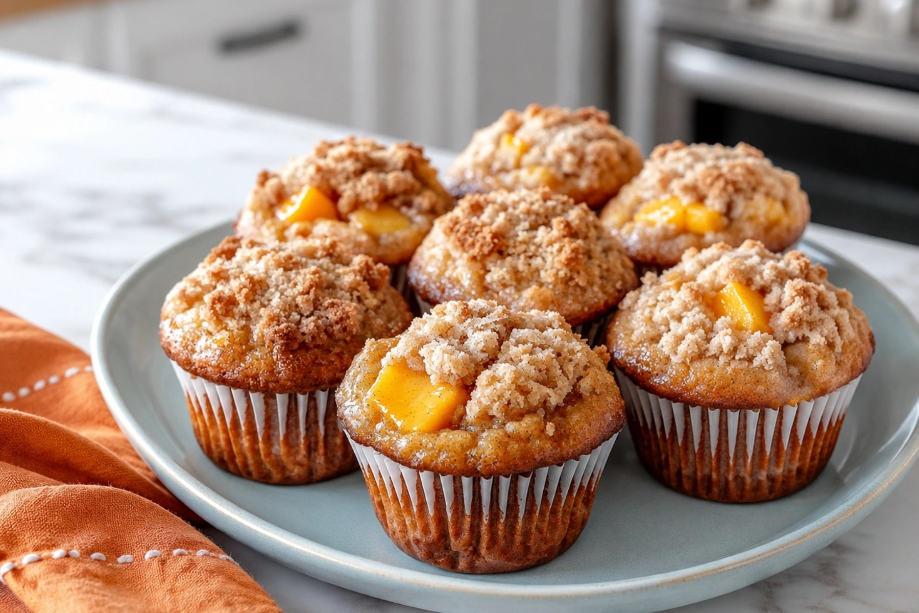 Peach Cobbler Muffins on a blue plate with crumb topping