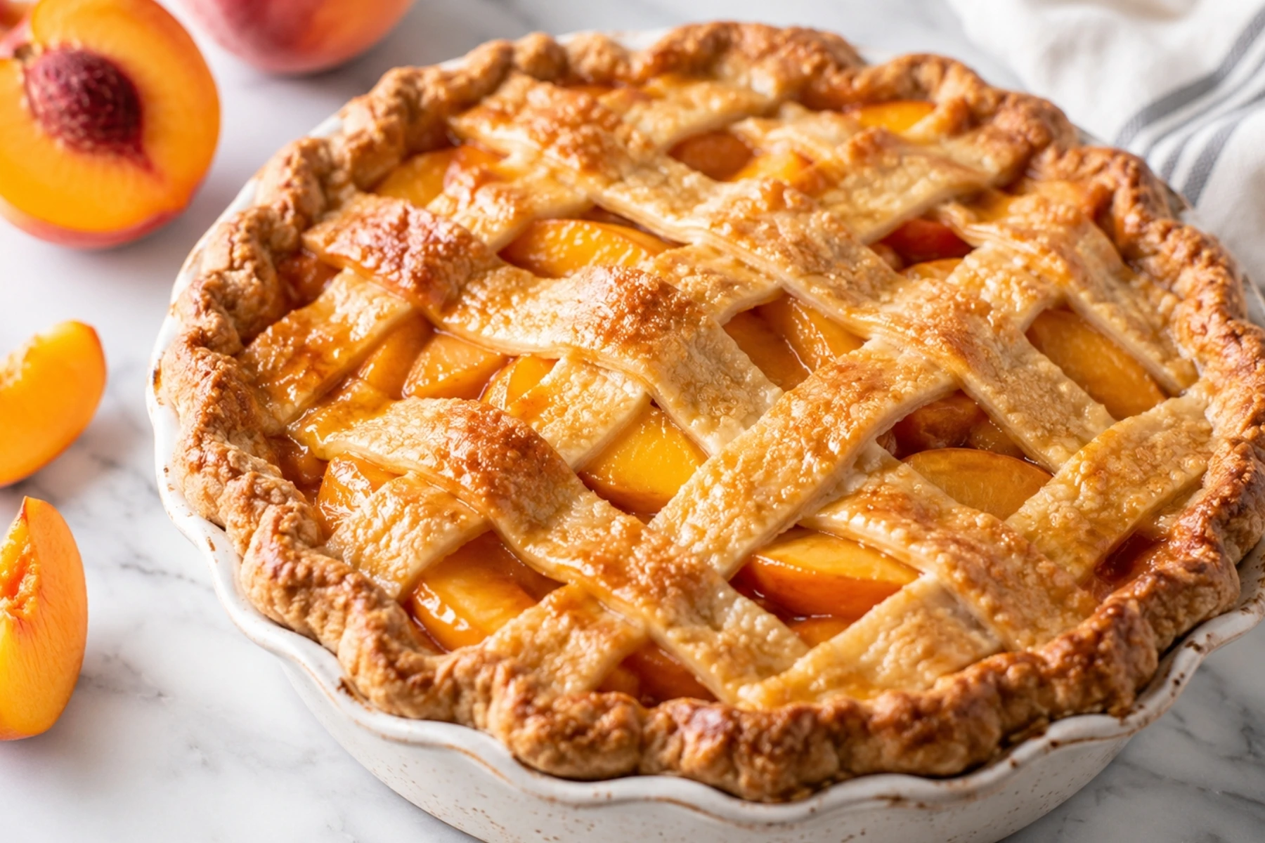 Homemade Peach Pie Recipe with golden lattice crust, juicy peach filling, and fresh peach slices on a marble countertop.