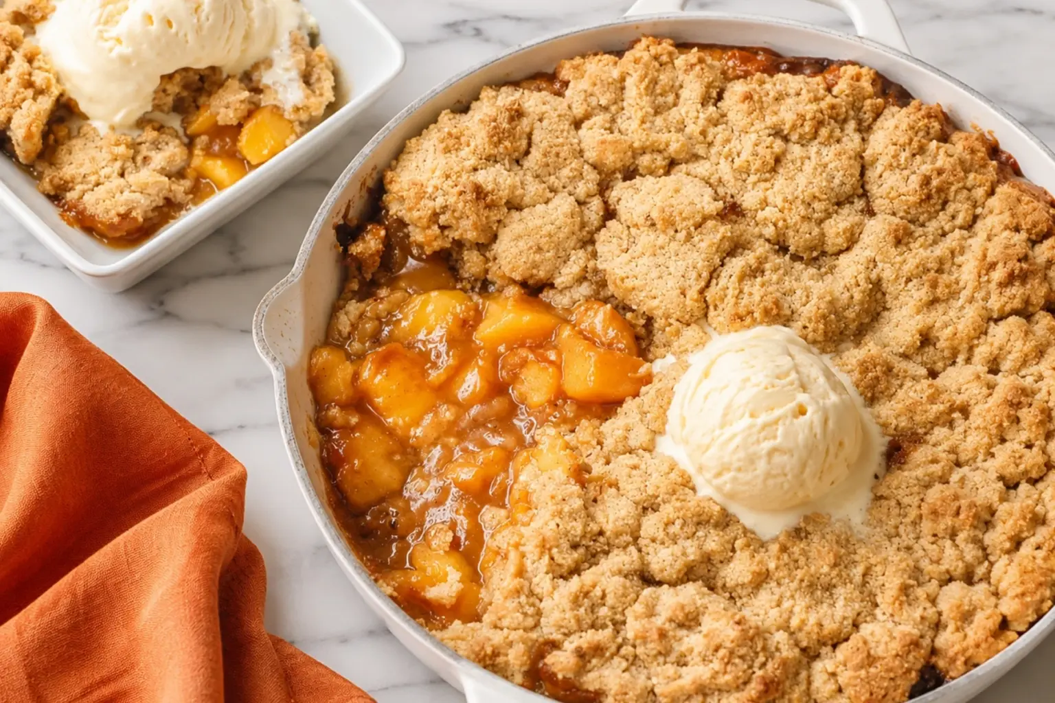 Cast Iron Skillet Peach Cobbler with juicy peach filling, golden crumble topping, vanilla ice cream, and a plated serving.