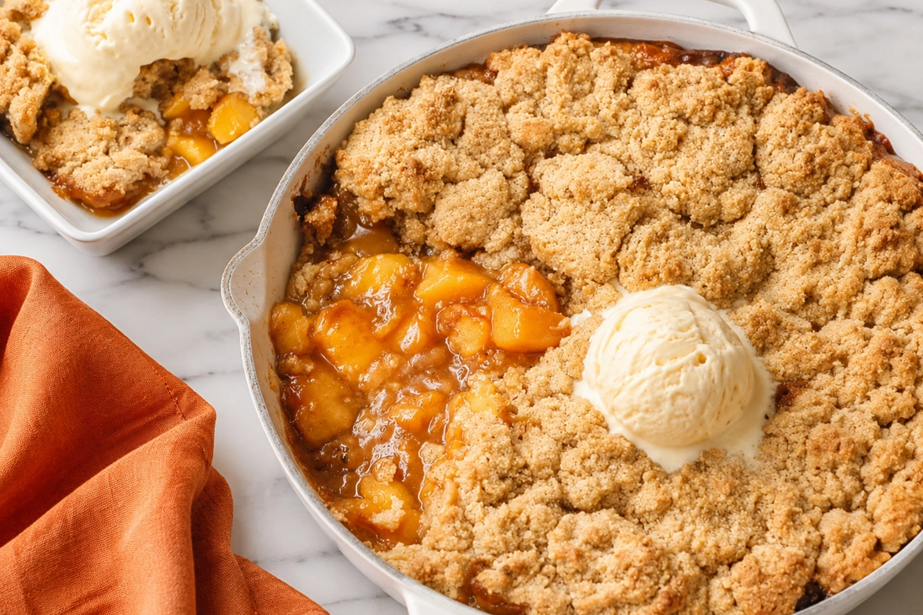 Cast Iron Skillet Peach Cobbler with juicy peach filling, golden crumble topping, vanilla ice cream, and a plated serving.