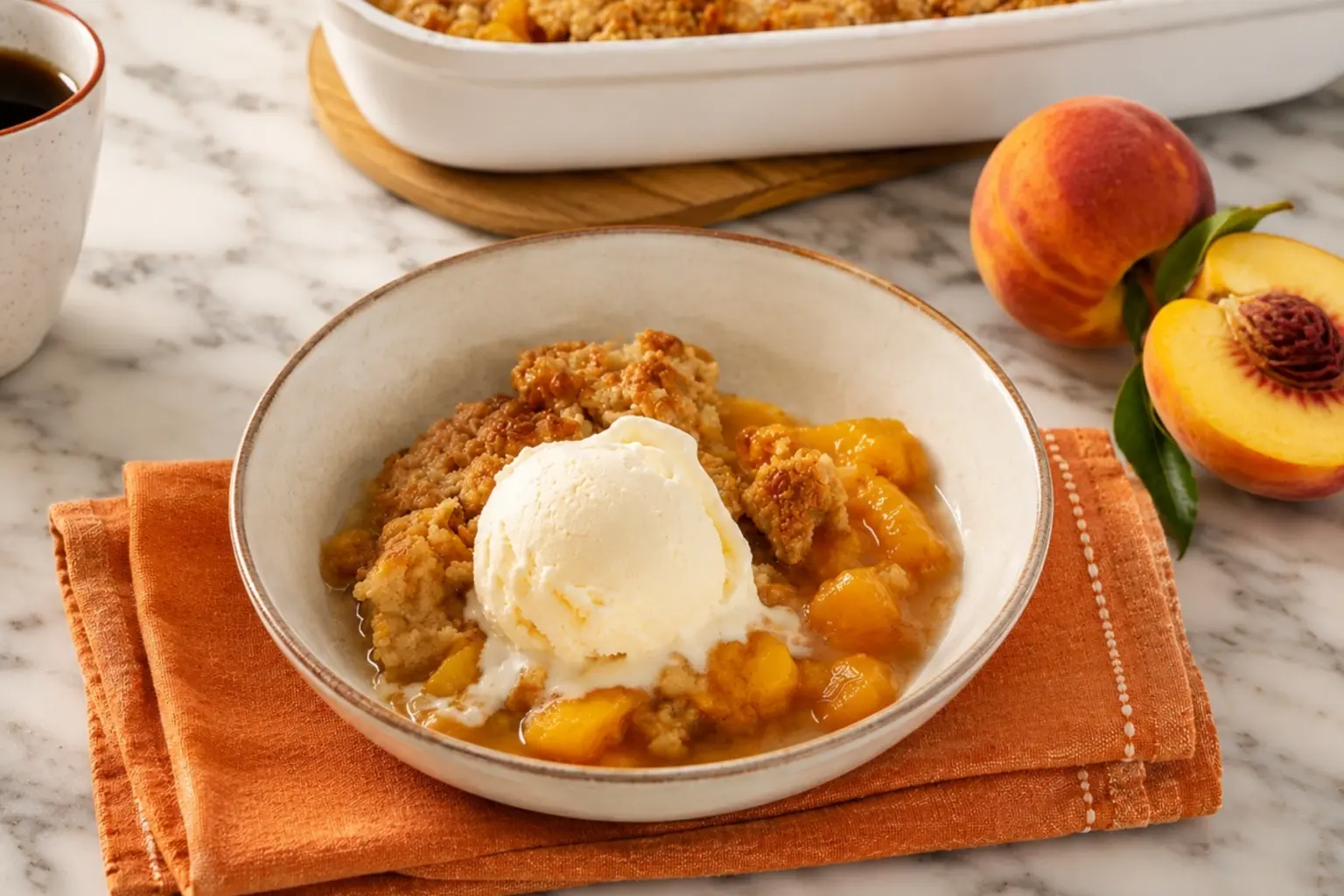 Southern homemade peach cobbler served warm with vanilla ice cream, fresh peaches, and orange kitchen towel on marble countertop.