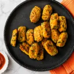 Baked Zucchini Tots on a black plate with ketchup dipping sauce and an orange kitchen towel on a white marble countertop.