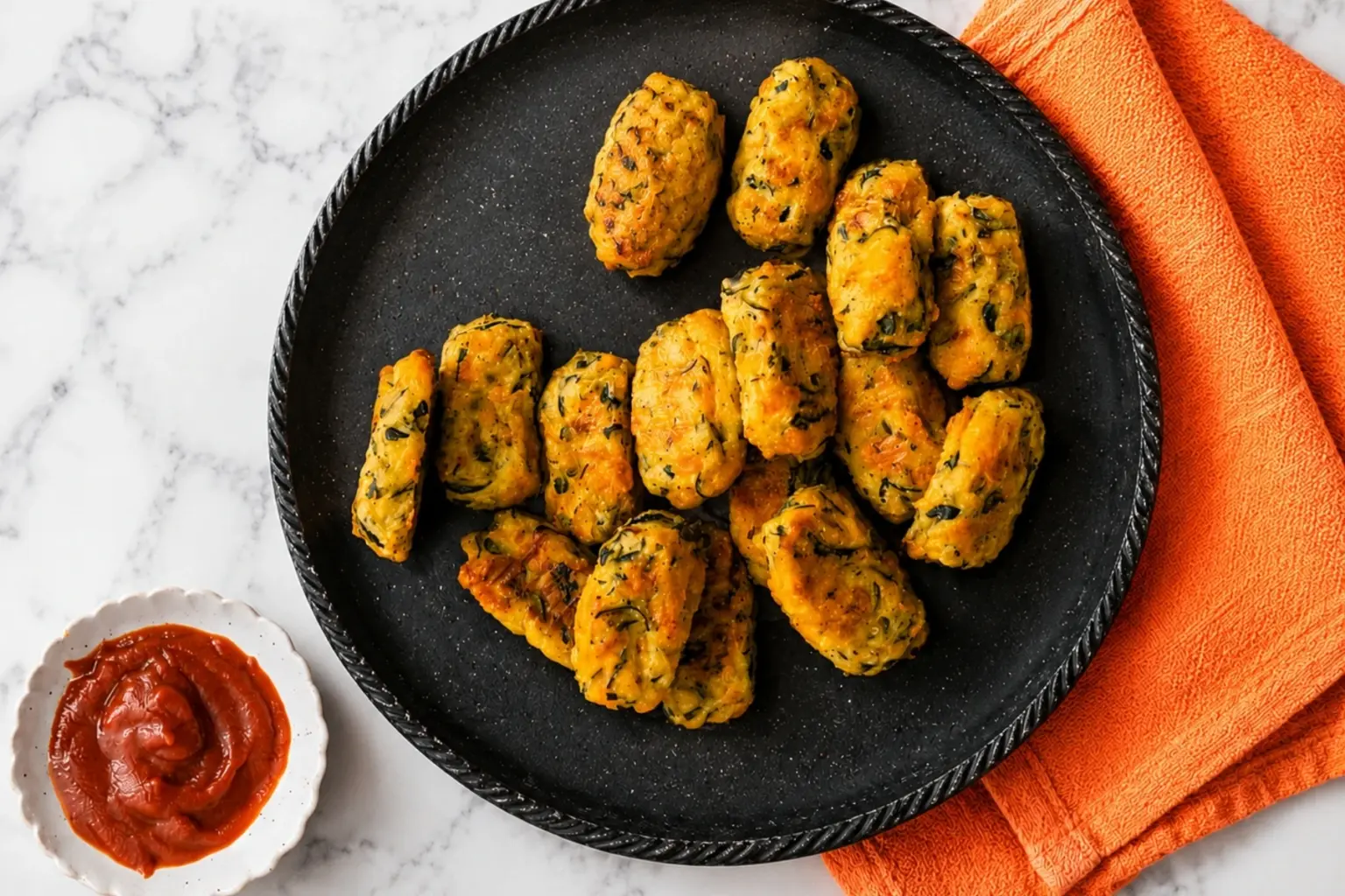 Baked Zucchini Tots on a black plate with ketchup dipping sauce and an orange kitchen towel on a white marble countertop.