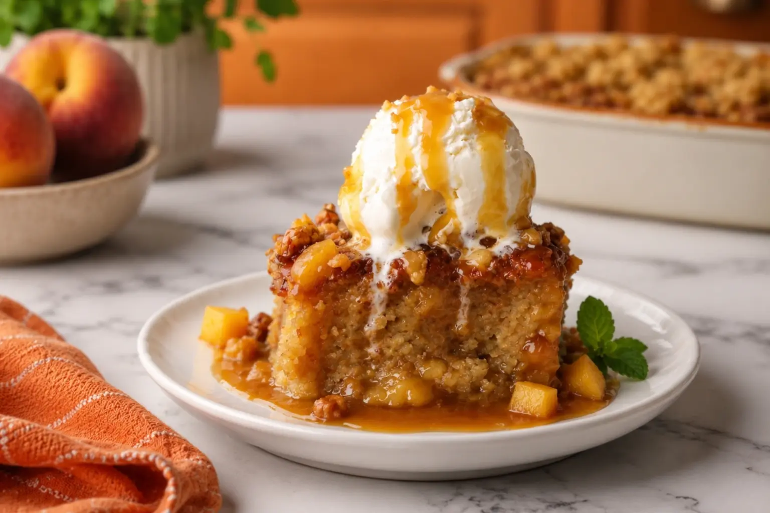 Peach Sticky Pudding with vanilla ice cream, caramel sauce, fresh peaches, and mint on a white plate