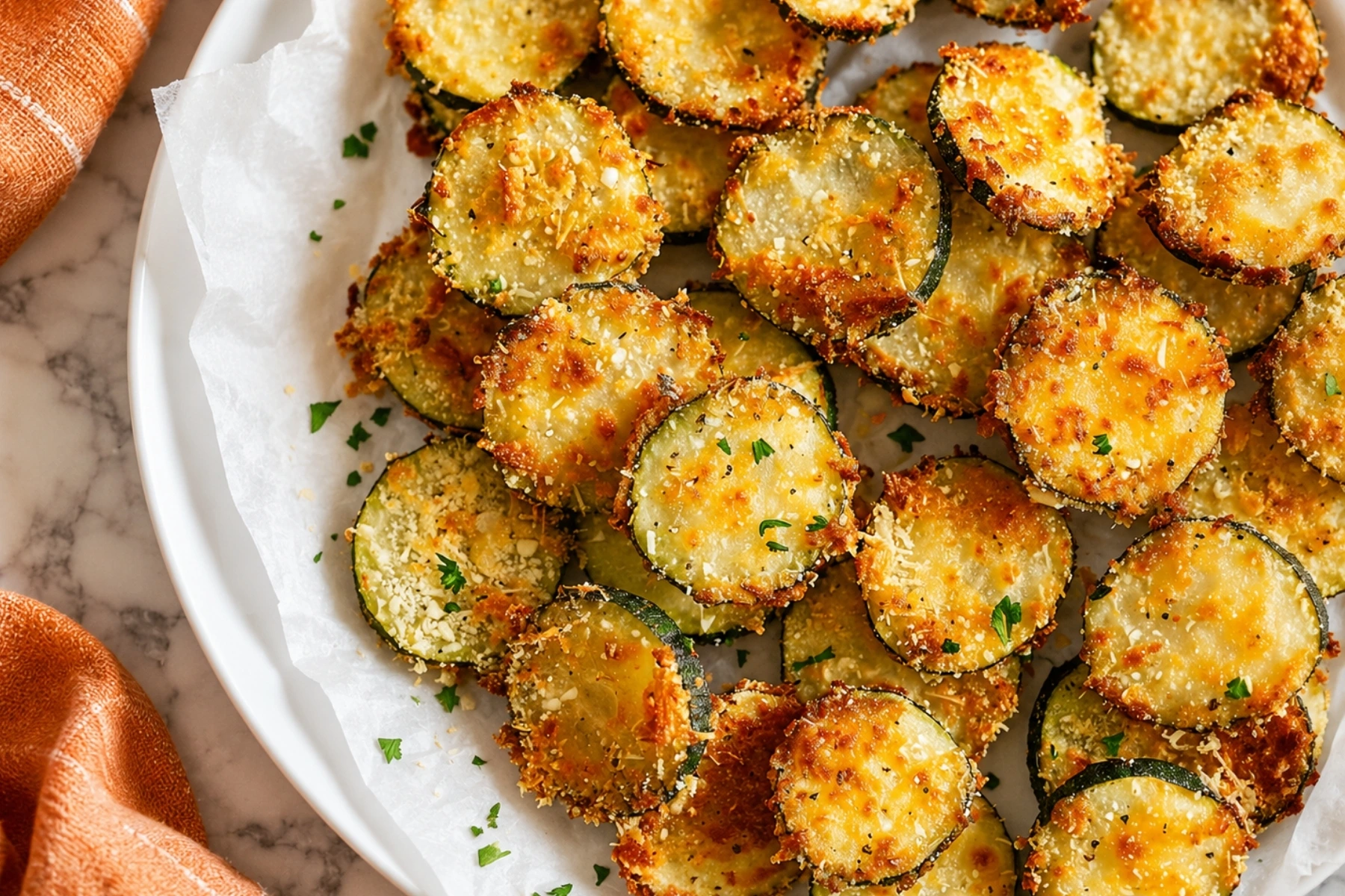 Crispy Zucchini Parmesan Crisps baked until golden brown, served on parchment paper with fresh parsley on a white plate.