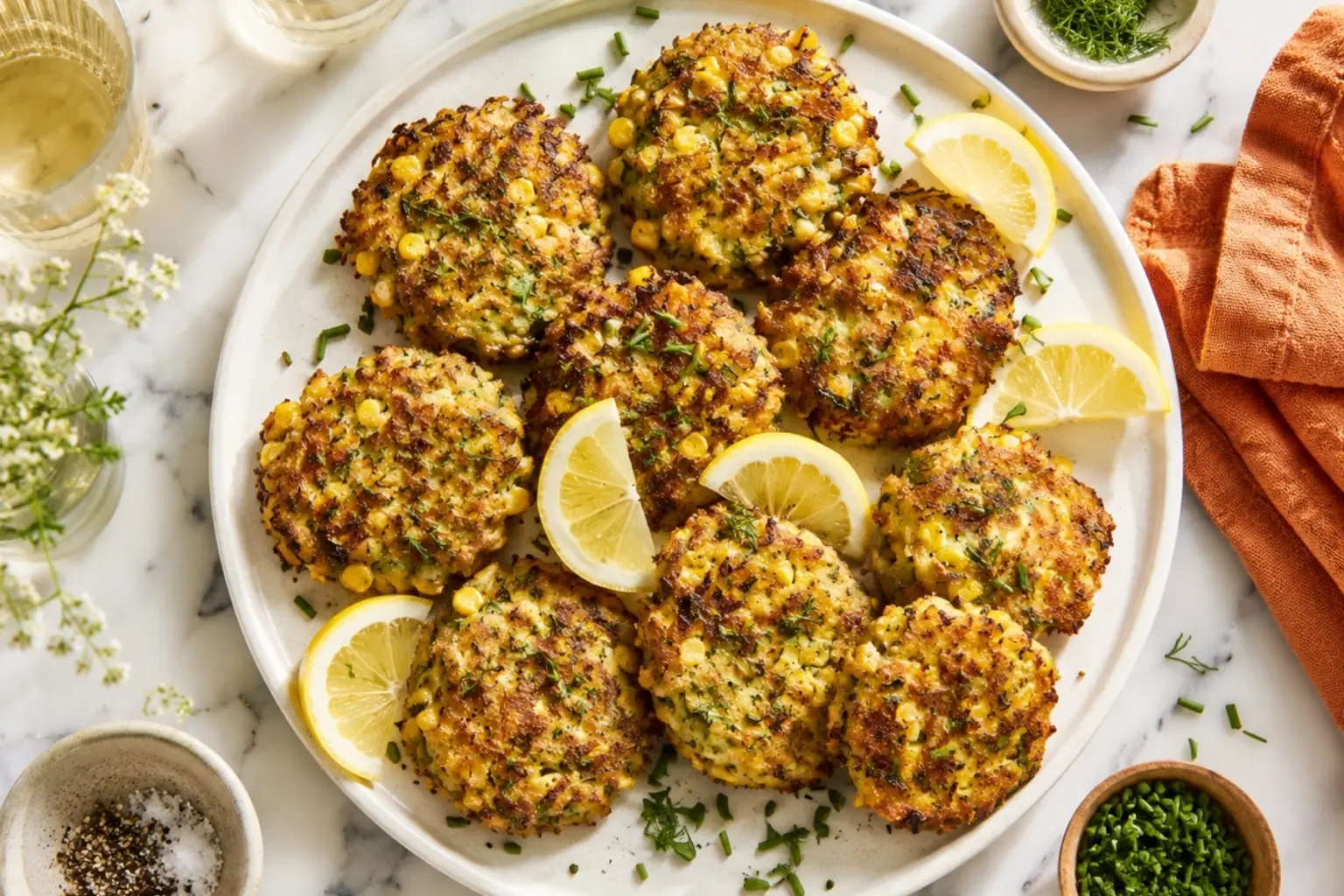 Overhead view of golden Chicken Zucchini Fritters arranged on a white plate with lemon wedges, chopped herbs, and chives on a marble countertop.