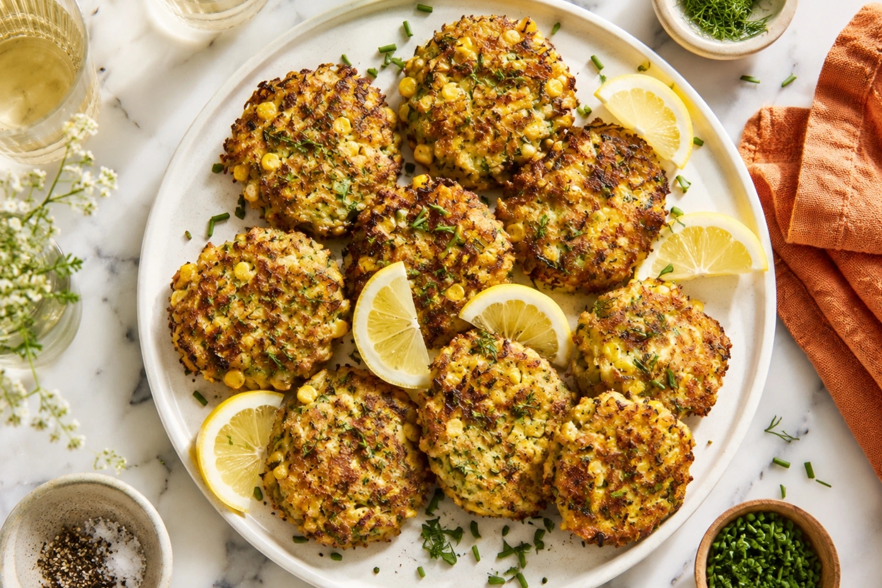 Overhead view of golden Chicken Zucchini Fritters arranged on a white plate with lemon wedges, chopped herbs, and chives on a marble countertop.