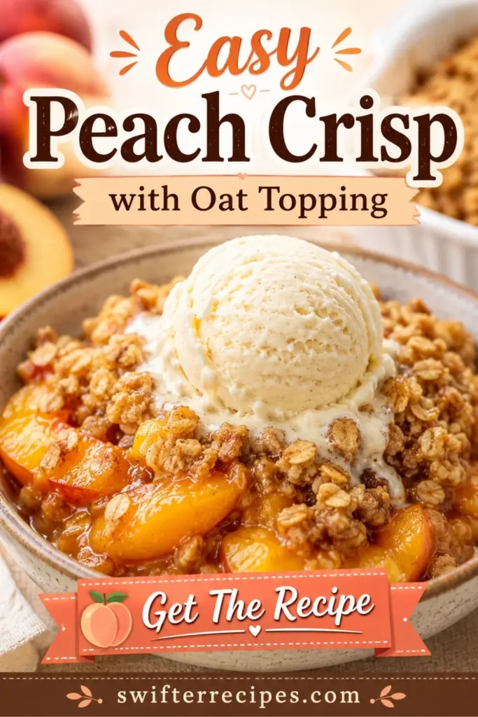 Peach Crisp with Oat Topping served warm with juicy peaches, crunchy oat crumble, melting vanilla ice cream, and Get The Recipe pin text.
