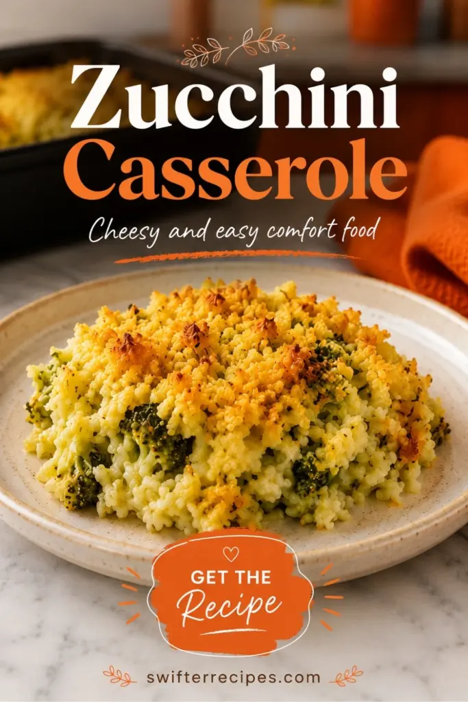 Pinterest pin for Zucchini Casserole featuring a plated serving with golden crispy topping, orange accents, and “Get the Recipe” text.