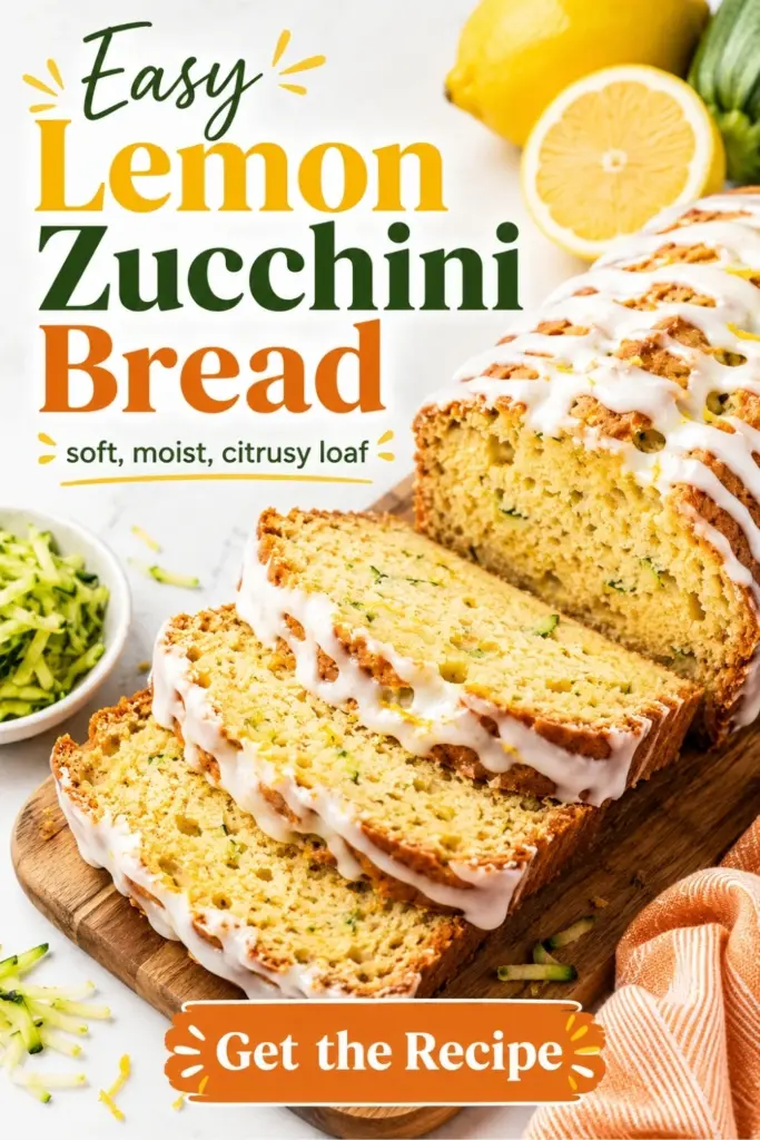 Pinterest pin showing sliced lemon zucchini bread loaf with white glaze on a wooden board, fresh lemon, shredded zucchini, and text reading “Easy Lemon Zucchini Bread” and “Get the Recipe.”