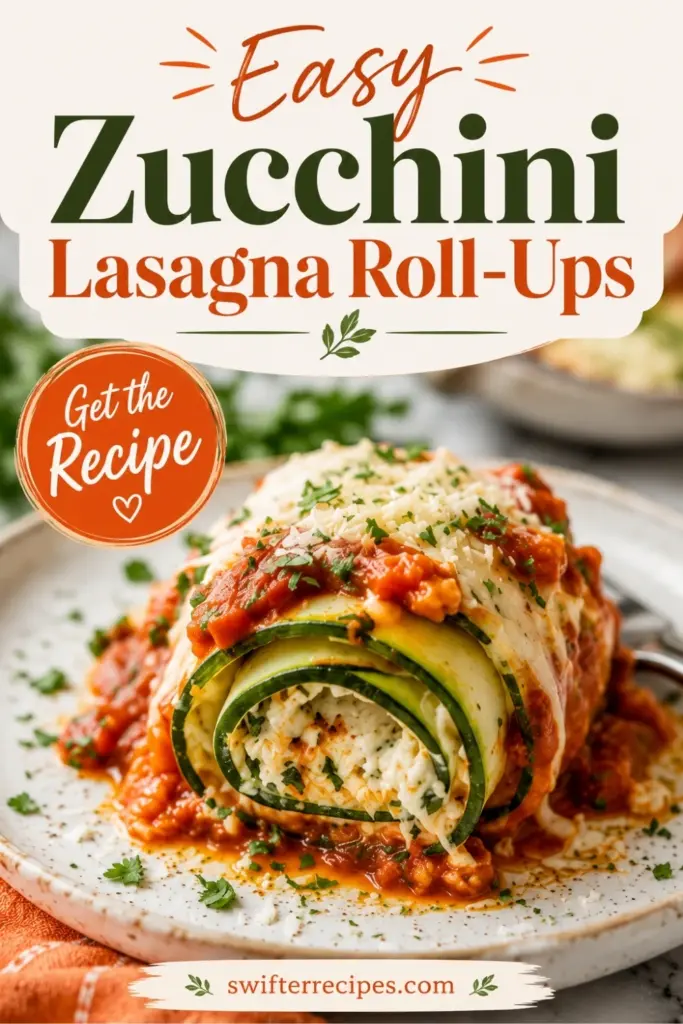 Pinterest pin for Easy Zucchini Lasagna Roll-Ups featuring a plated zucchini roll-up with tomato sauce, cheese, and a Get the Recipe call to action.