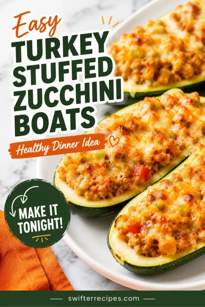 Pinterest pin showing cheesy Turkey Stuffed Zucchini Boats with text reading “Easy Turkey Stuffed Zucchini Boats, Healthy Dinner Idea, Make It Tonight!”