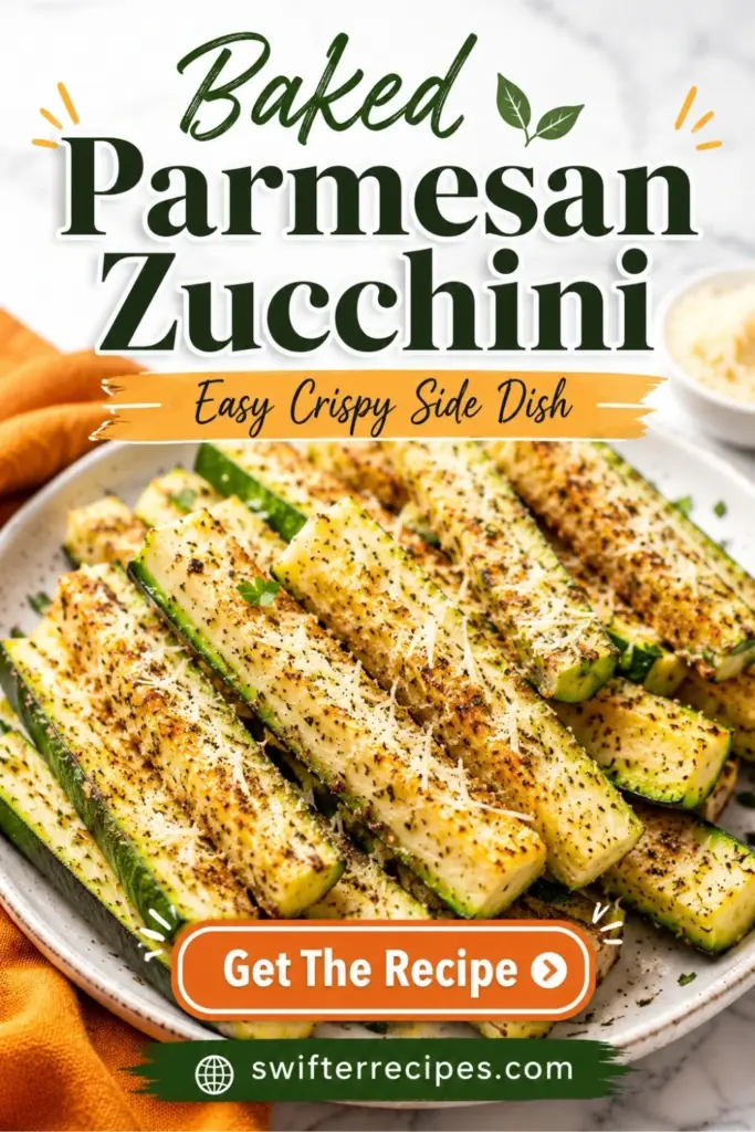 Pinterest pin featuring Baked Parmesan Zucchini sticks topped with grated cheese and herbs with Get The Recipe button