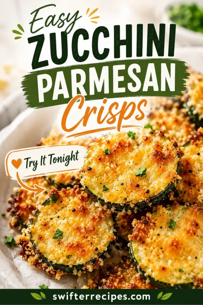 Pinterest pin for Easy Zucchini Parmesan Crisps with a close up of golden baked zucchini rounds, crispy parmesan coating, and swifterrecipes.com branding.