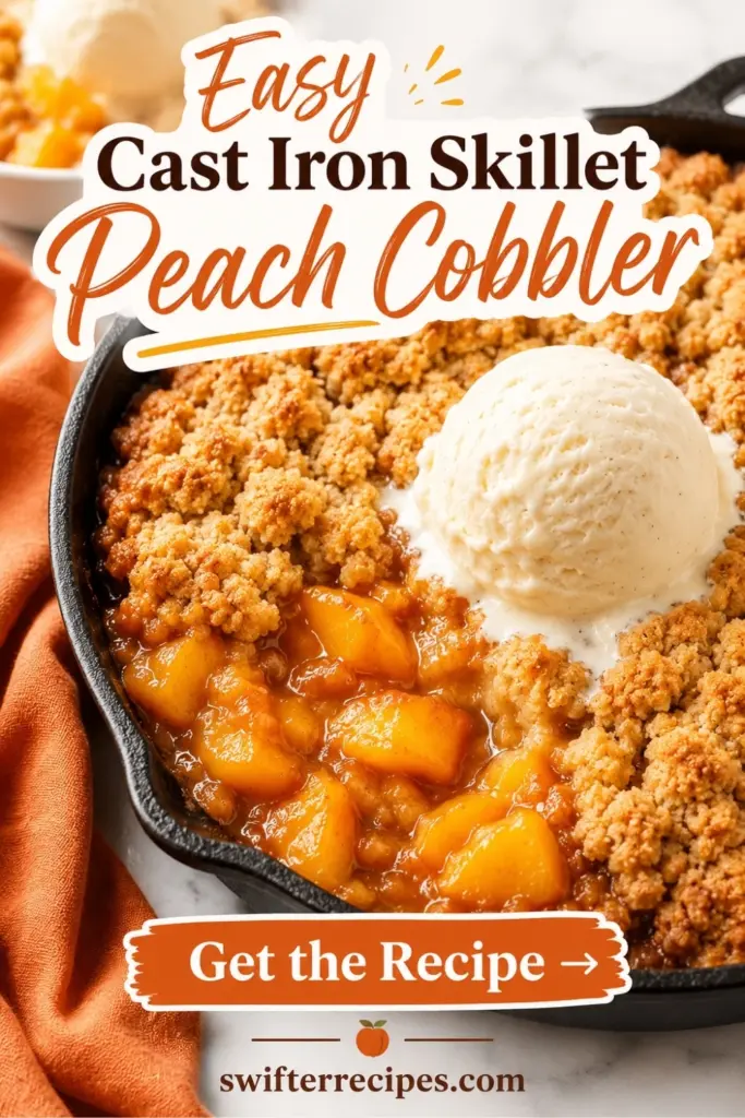 Easy Cast Iron Skillet Peach Cobbler with juicy peach filling, golden crumble topping, and vanilla ice cream.