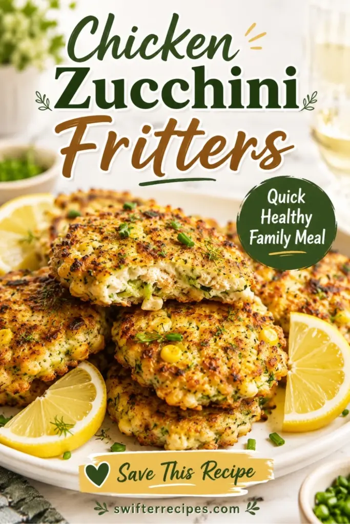 Pinterest pin for Chicken Zucchini Fritters showing crispy golden fritters with lemon wedges and text reading Quick Healthy Family Meal and Save This Recipe.