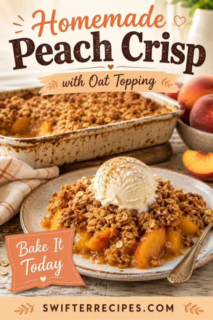 Peach Crisp with Oat Topping served with vanilla ice cream, juicy peach filling, golden oat crumble, fresh peaches, and Bake It Today pin text.