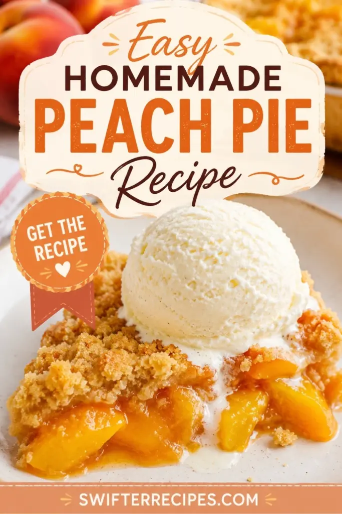 Easy Homemade Peach Pie Recipe pin with peach pie slice, vanilla ice cream, get the recipe badge, and swifterrecipes.com text.