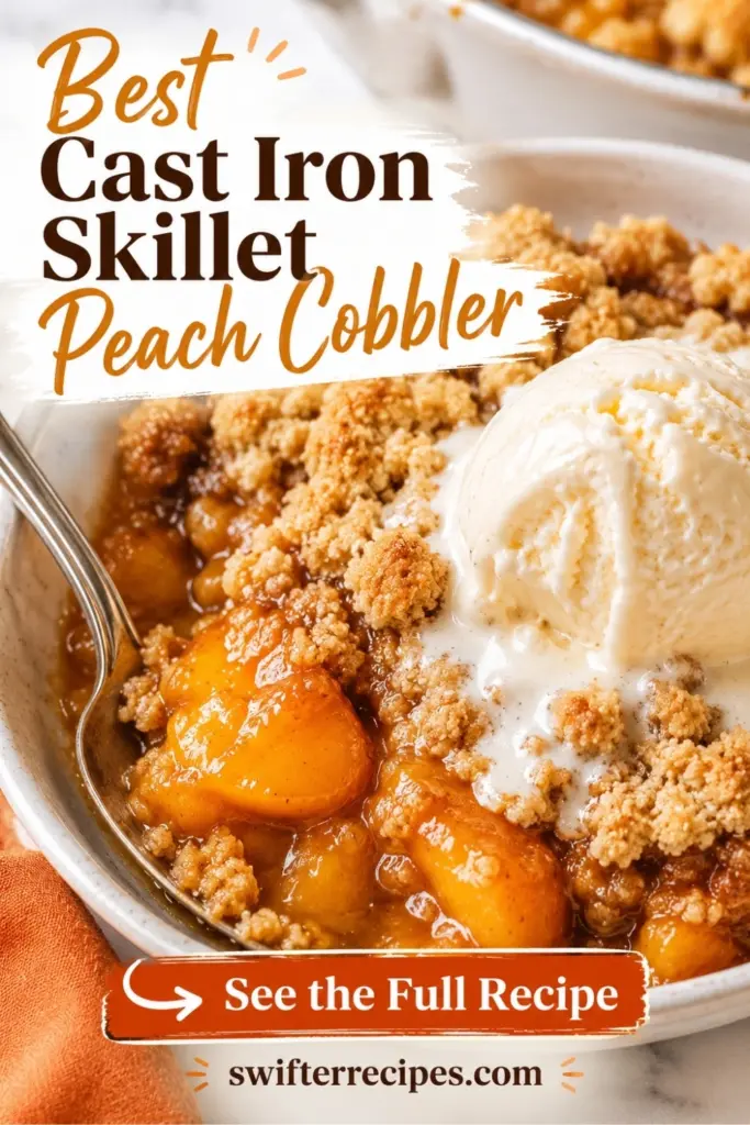 Best Cast Iron Skillet Peach Cobbler pin with warm peach cobbler, vanilla ice cream, and text overlay reading See the Full Recipe.